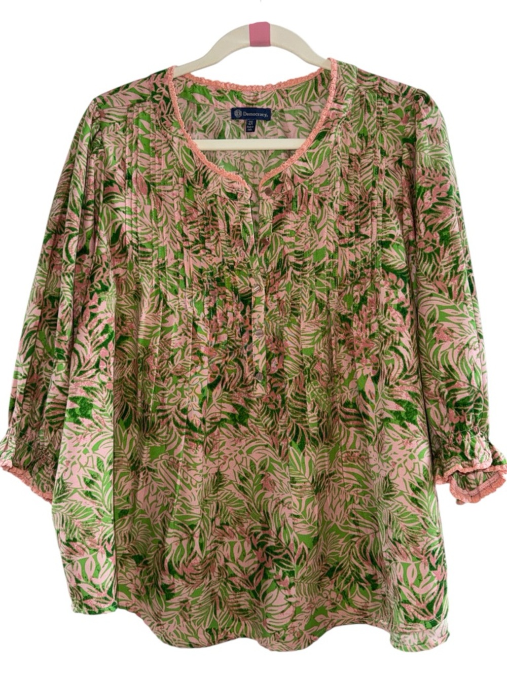 Democracy Pink & Green Botanical-Print Peasant Blouse